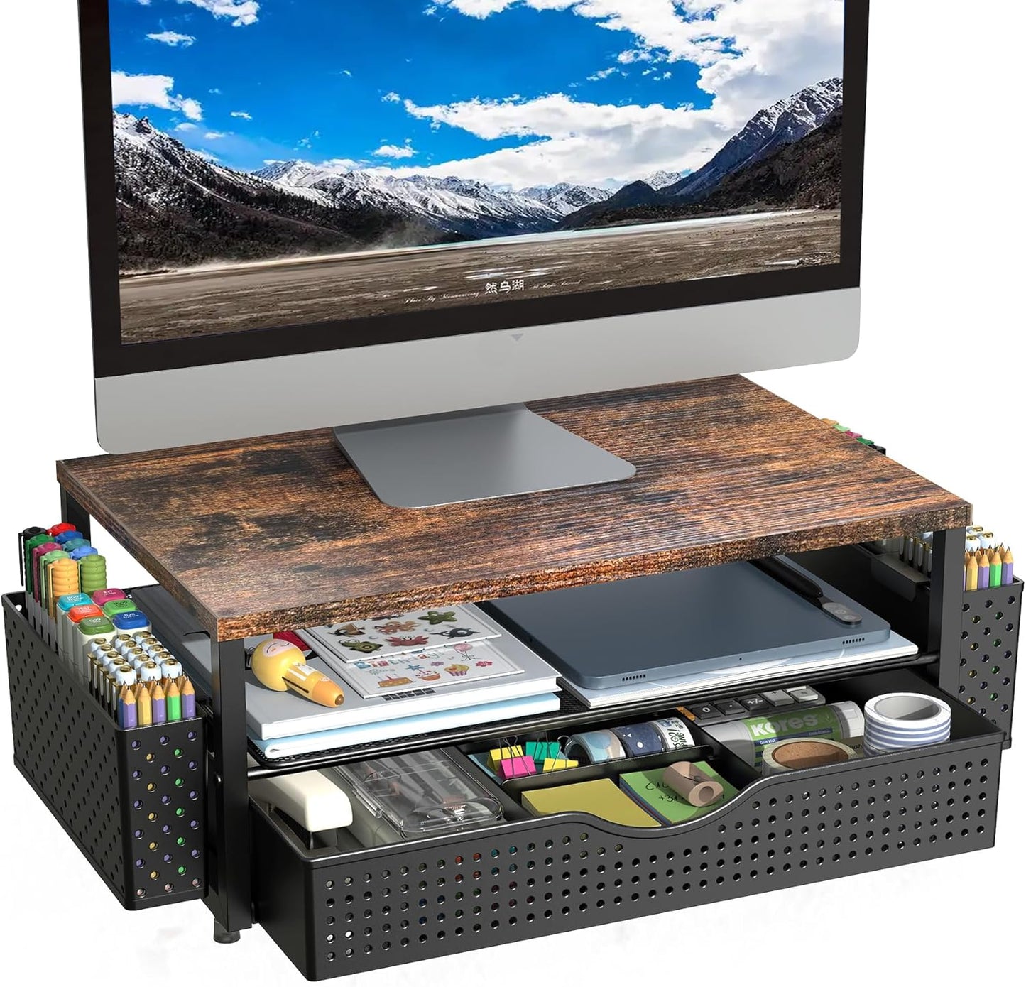 Desk Organizer and Accessories, Computer Monitor Stand Riser with Drawer and 2 Pen Holders, Office Desk Accessories & Workspace Organizers for Office Supplies (Wood)