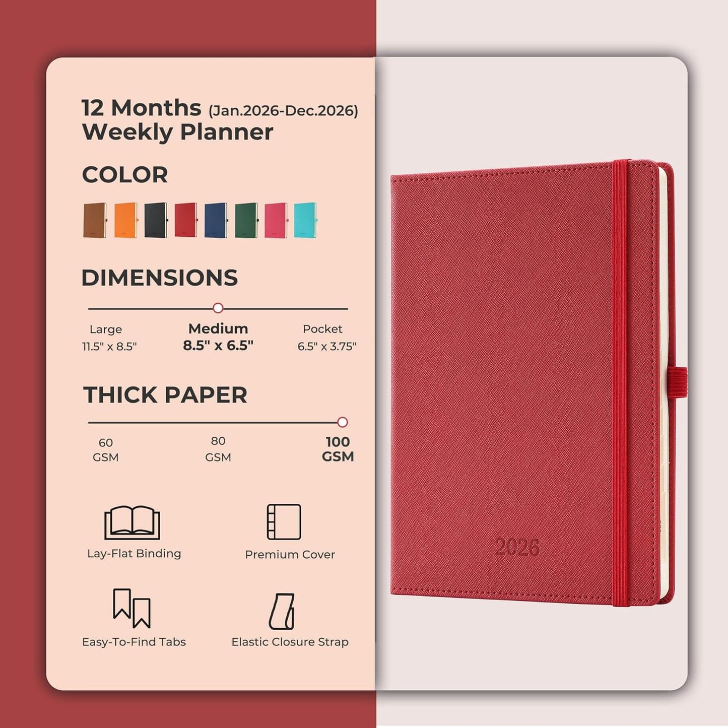 IN-LUXPRO Weekly Monthly 2026 Planner (Jan.26-Dec.26),8.5"x6.5",12 Months Agenda Plan with Month Tabs & Pocket,Expenses/Note Pages, Appointment Book Calendar with Hardcover Vegan Leather Cover,Red