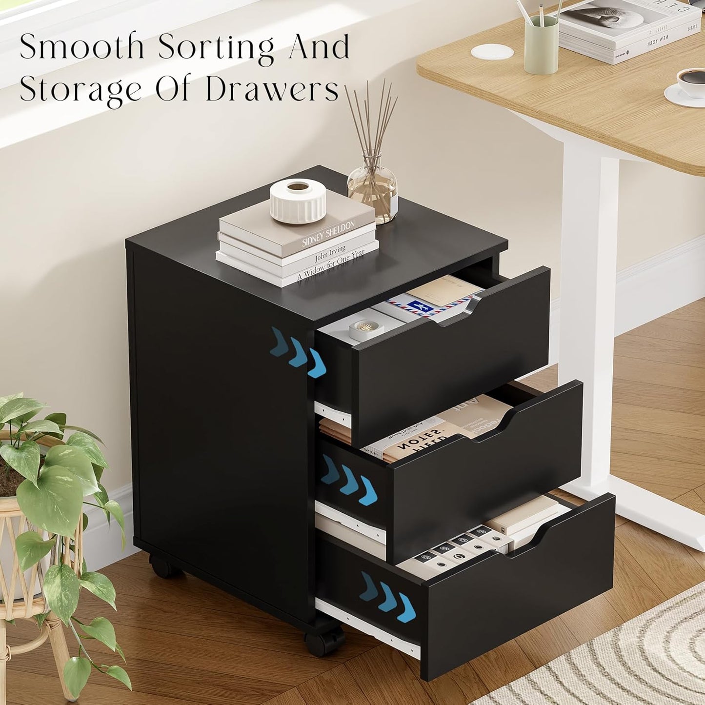 Farini 3-Drawer Under Desk Wooden File Storage Cabinet with Lockable Caster for Home Office,Black,Fully Assembly