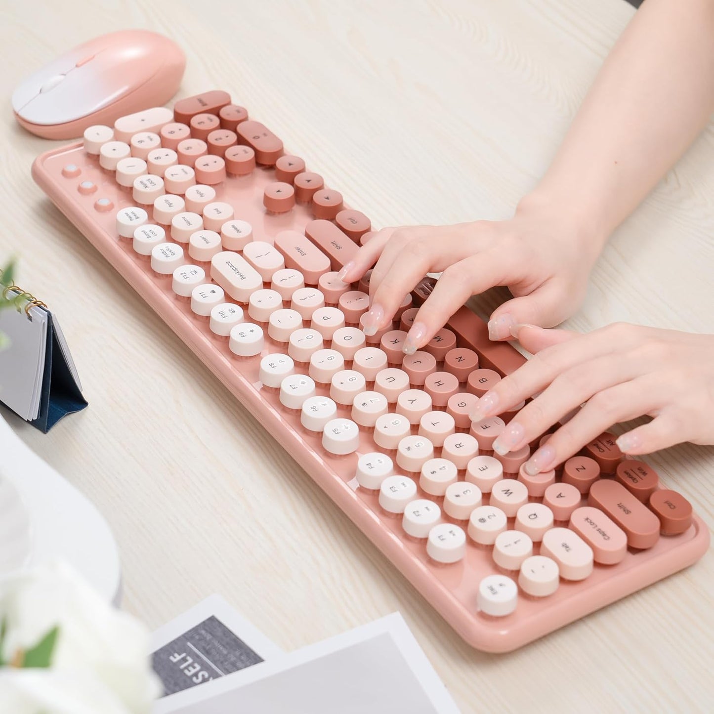 Colorful Wireless Keyboard and Mouse Combo, COVEVA 2.4GHz Wireless Retro Cute Round Keycaps Keyboard, 104 Keys Full-Sized Keyboard Mouse Set with Switch Button for PC Laptop Desktop (Rose Gradient)