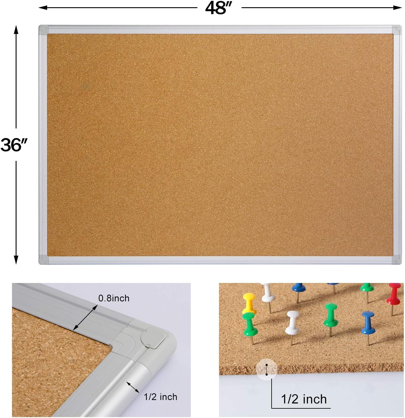 Board2by Bulletin Board 36 x 48, Silver Aluminium Framed 4x3 Large Wall Mounted Cork Office Notice Pin Board