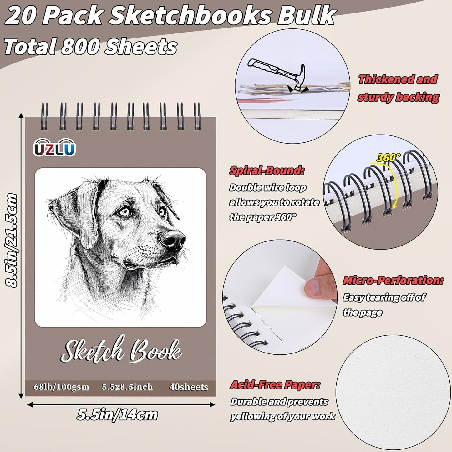20 Pcs Sketch Book Bulk 5.5 x 8.5 In Drawing Paper Pad Top Spiral Bound Sketch Book 800 Sheet 68lb/100gsm Thick Paper Acid Free Mixed Media Sketchbook Art Supplies for Kid Adult Painting Beginner Artist