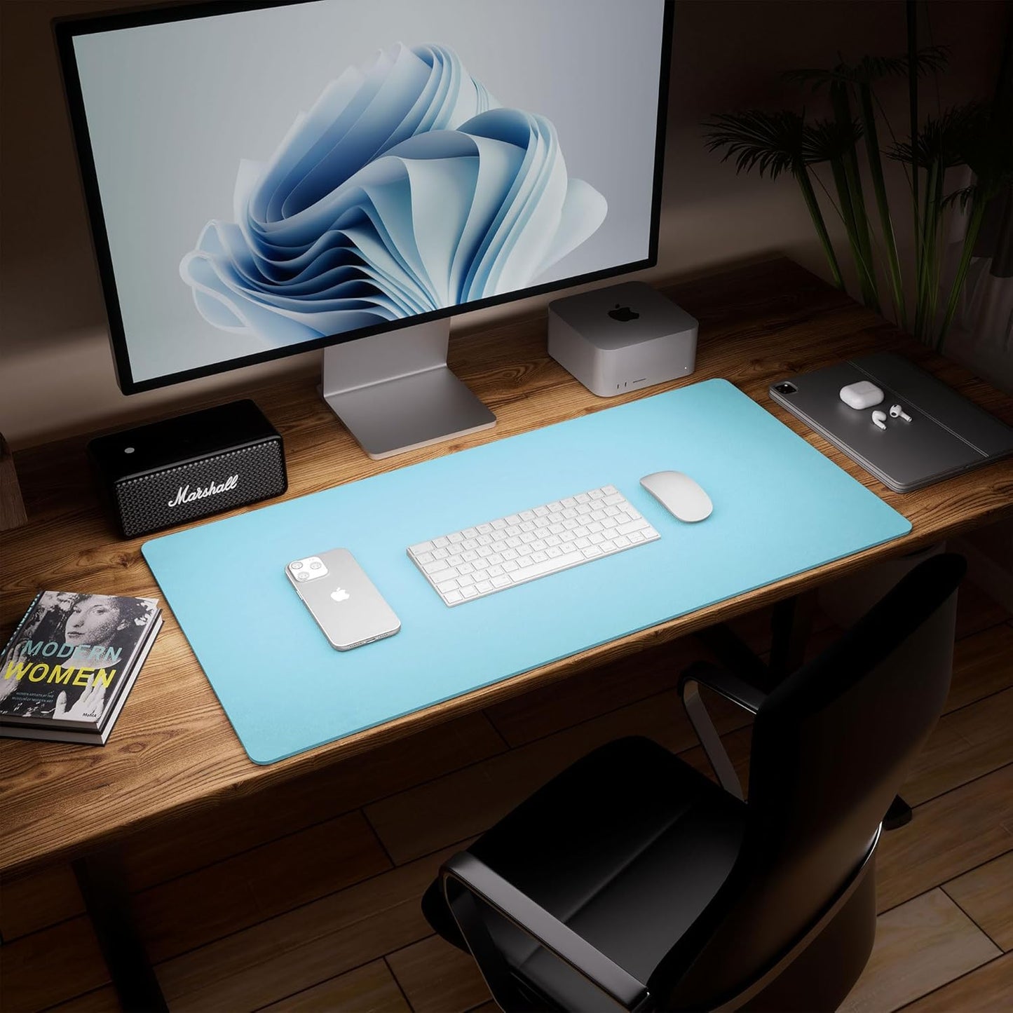 Aothia Double-Sided Desk Pad – 25.6"x13.7" Large Mouse Pad, Leather Desk Mat with Eco Cork Protector, Waterproof Desk Blotter for Office/Home (Blue Topaz)