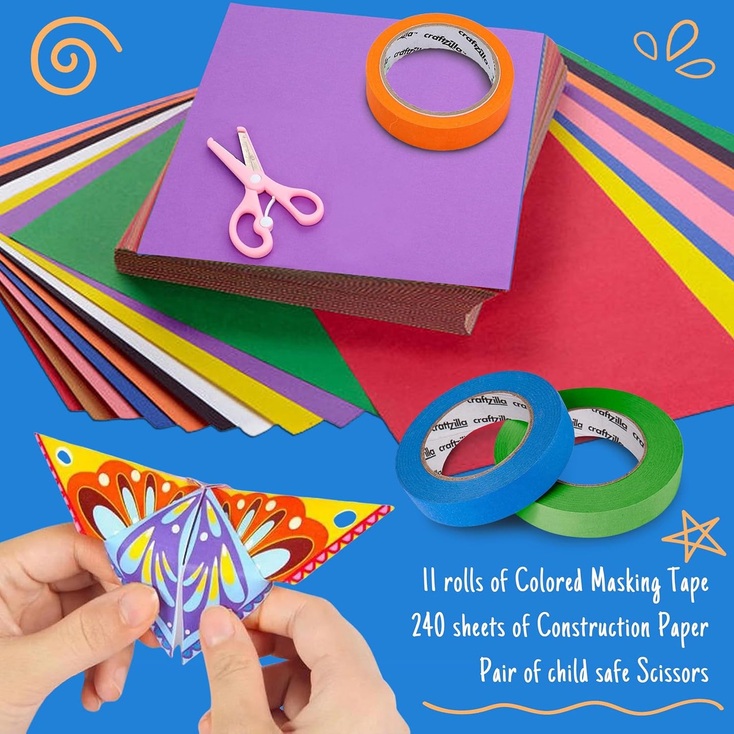 Craftzilla Arts and Crafts Kit for Kids – 11 Colored Masking Tape Rolls, 240 Sheets Construction Paper Assorterd Colors, Kid-Safe Scissors – All-in-One Kids Art Supplies Set - Arts and Craft Supplies