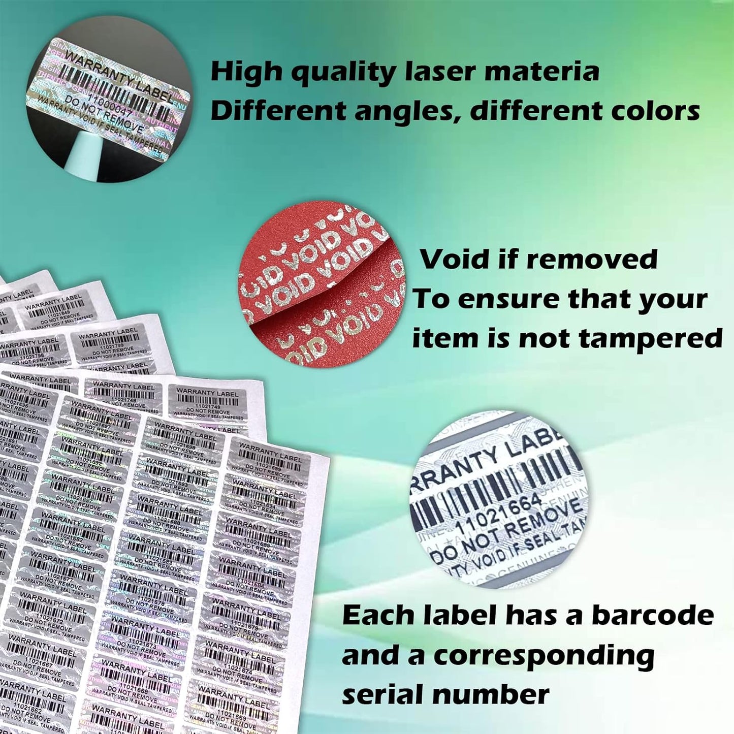 650pcs Barcode Hologram Tamper Evident Proof Stickers Security Labels Genuine Warranty Void Holographic Seal with Unique Serial Number(1.2 X 0.6 Inch,Silver)