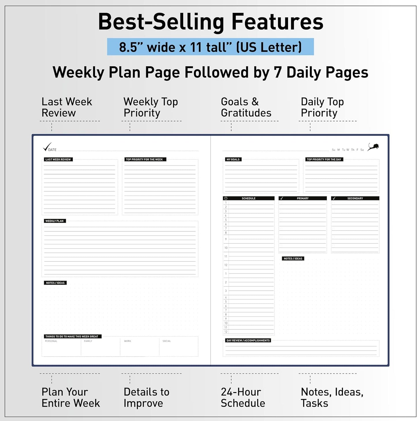 Day Planner - Professional Goal Planner, Calendar & Gratitude Journal to Increase Productivity, Time Management & Happiness - Vegan Leather Softcover, 24 Hourly Planner, Undated 6 Months Work Planner
