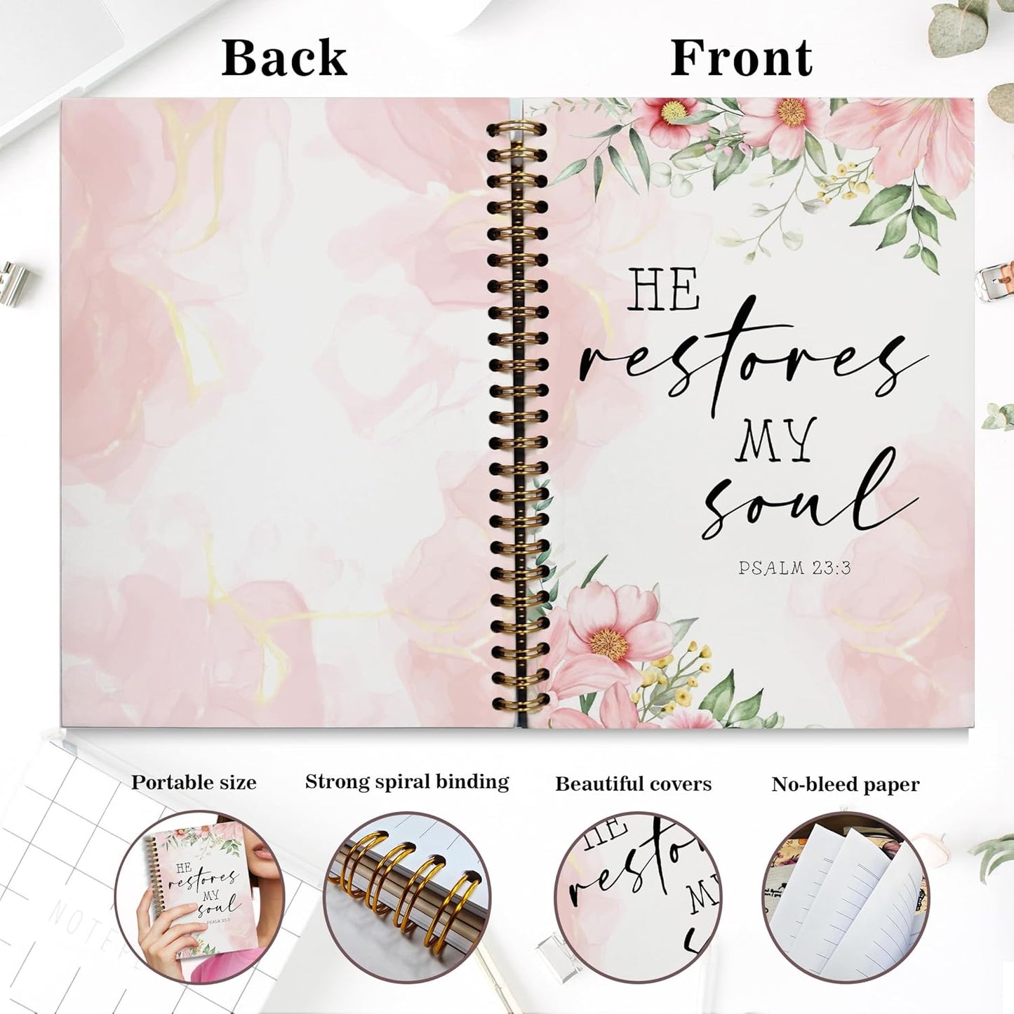 Bible Notebook, A5 Spiral Christian Journal with Floral Pink Butterfly Notebook, Bible Verse-He Restores My Soul, Inspirational Notebooks for Women, Bible Study, Gift for Birthday Christmas, Office Supplies (Light pink)