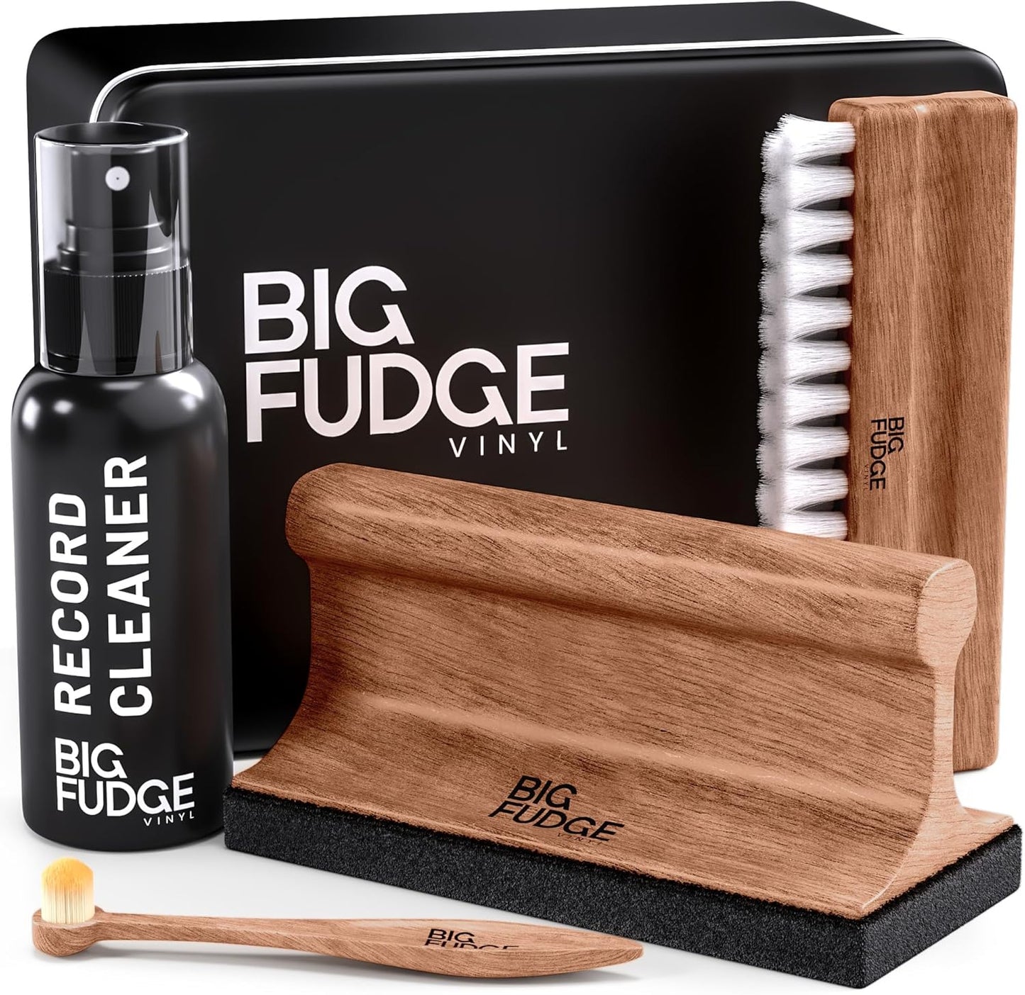 Big Fudge Vinyl Record Cleaning Kit - Collector's Edition - 100% Sapele Wood Vinyl Accessories - Velvet Vinyl Record Cleaner, Anti-Static Vinyl Brush, Stylus Brush and Vinyl Cleaner Solution w/Case