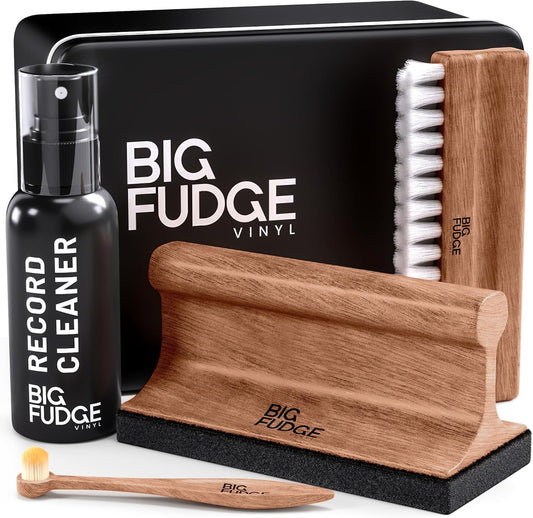 Big Fudge Vinyl Record Cleaning Kit - Collector's Edition - 100% Sapele Wood Vinyl Accessories - Velvet Vinyl Record Cleaner, Anti-Static Vinyl Brush, Stylus Brush and Vinyl Cleaner Solution w/Case