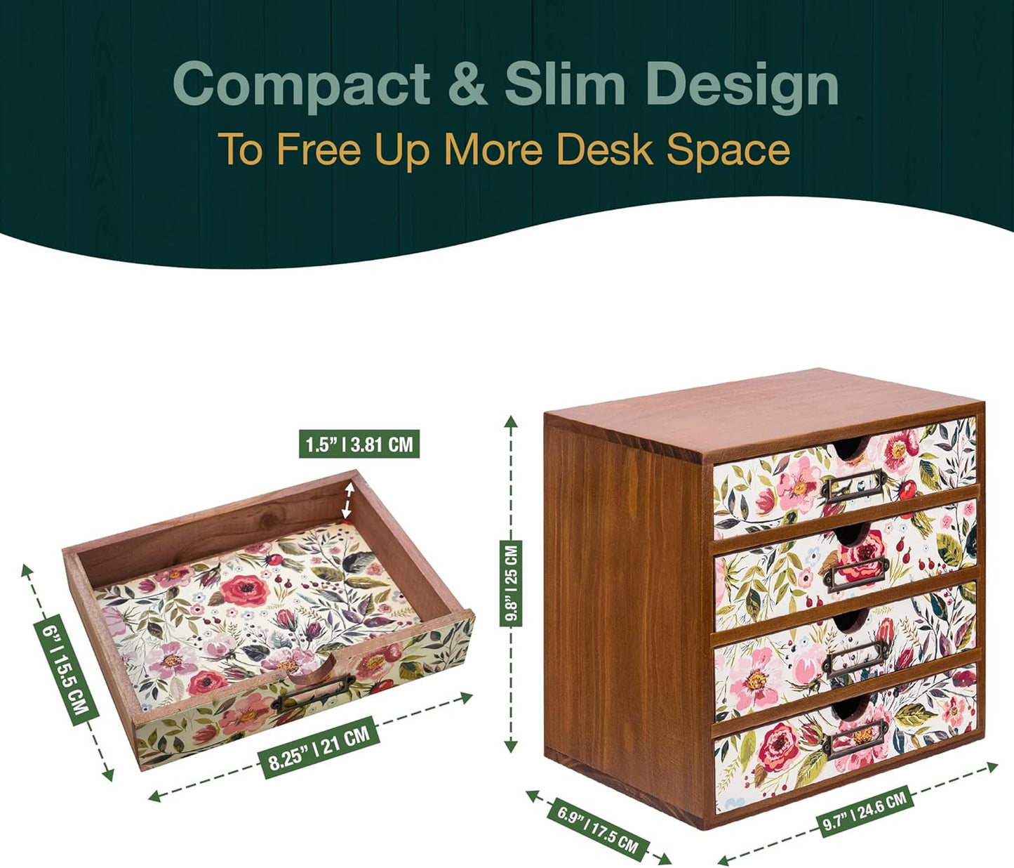 4-Drawer Vintage Desk Wood Storage Box With Drawers in Floral Chintz - Wooden Table Organizer I End Clutter & Dullness, Personalize Your Workspace - Beautiful Flower Design for Office & Home
