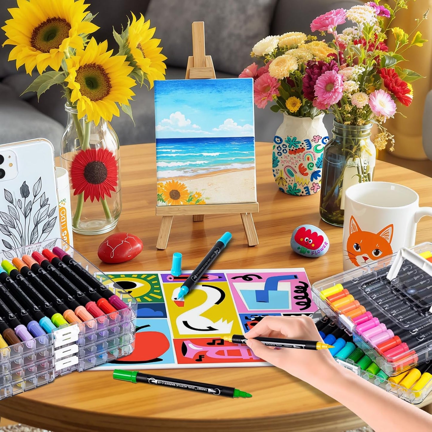 72 Colors Acrylic Paint Markers, Dual Tip Acrylic Paint Pens for Rock Painting, Wood, Canvas, Stone, Glass, Ceramic Surfaces, DIY Crafts Making Art Supplies (Brush Tip and Fine Tip)