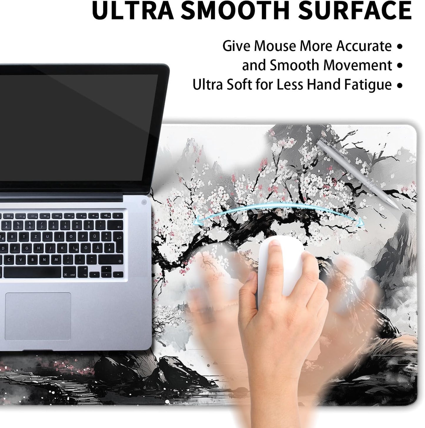 Black Whtie Japanese Gaming Mouse Pad XXL Anime Sakura Cherry Blossom Tree Extended Large Mat Mousepad Desk Pad Non-Slip Rubber Base Stitched Edge Keyboard Pad Playmat for Computer,35.4×15.7 Inch