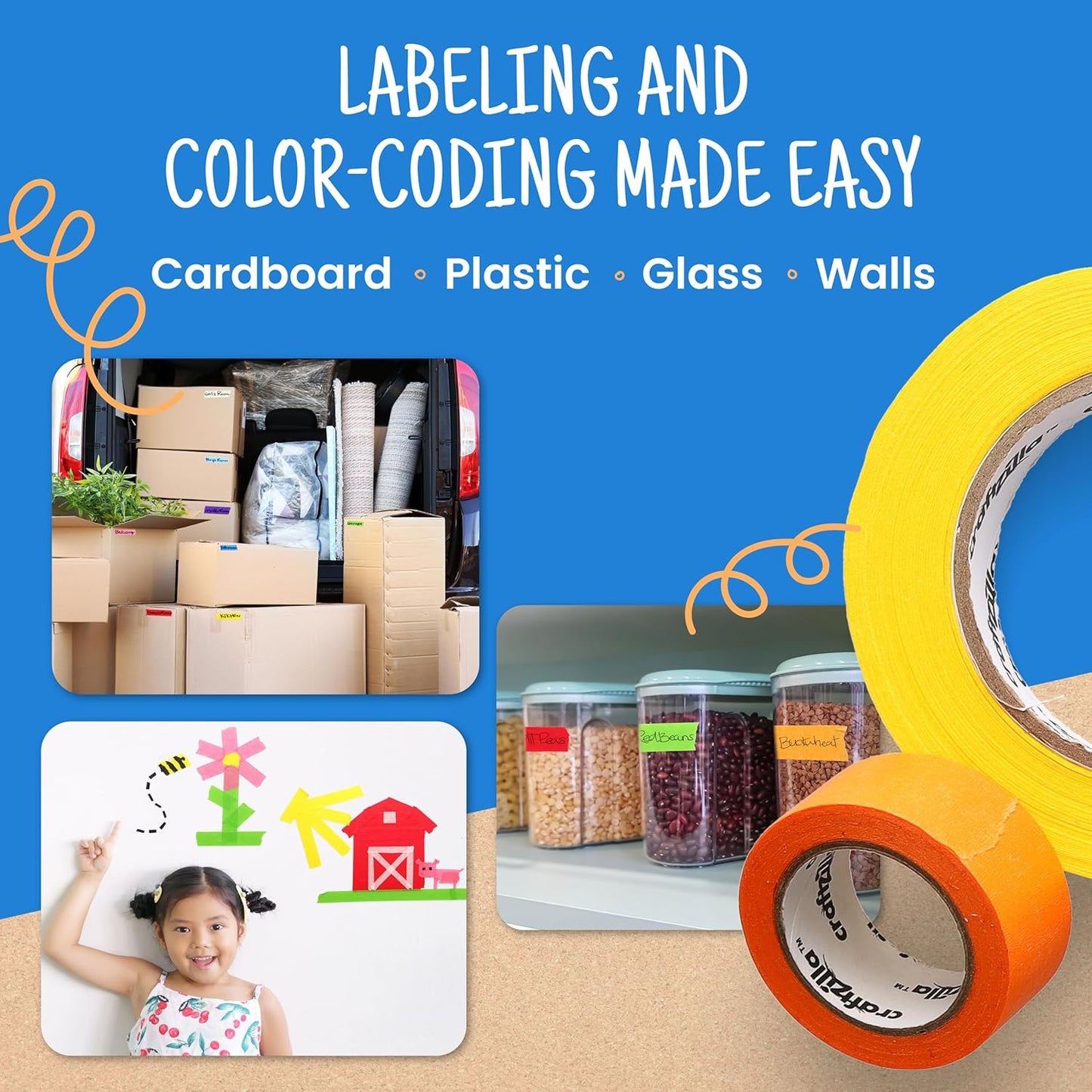 Colored Masking Tape - 7 Roll Multi Pack - 210 Feet x 1 Inch of Colorful Craft Tape for Arts & Crafts, Labeling and Color- Coding