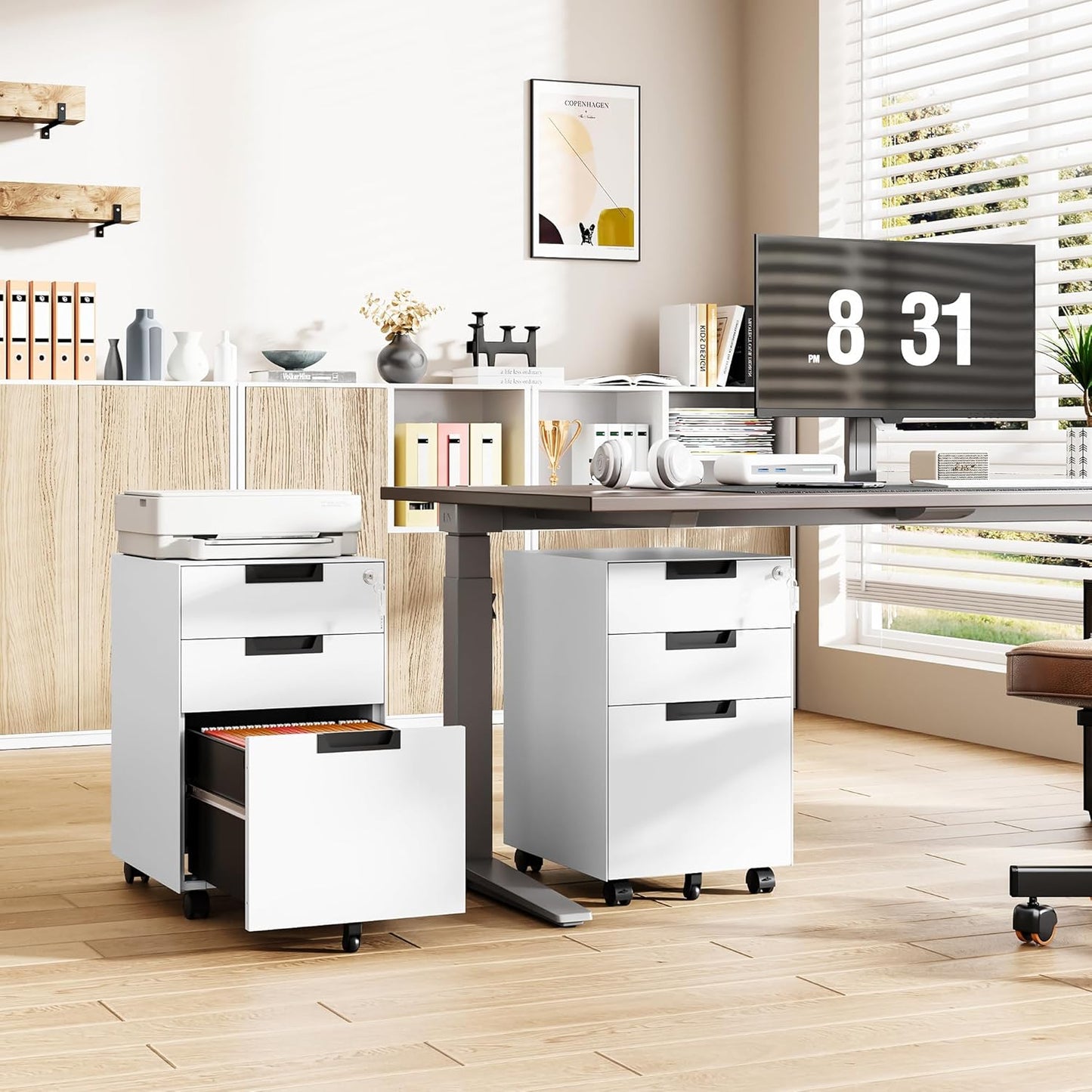 Mobile File Cabinet,3 Drawer Locking Storage Filing Cabinet,Office Metal Storage Cabinet on Wheels for Legal/Letter/A4 File(Fully Assembled，White)