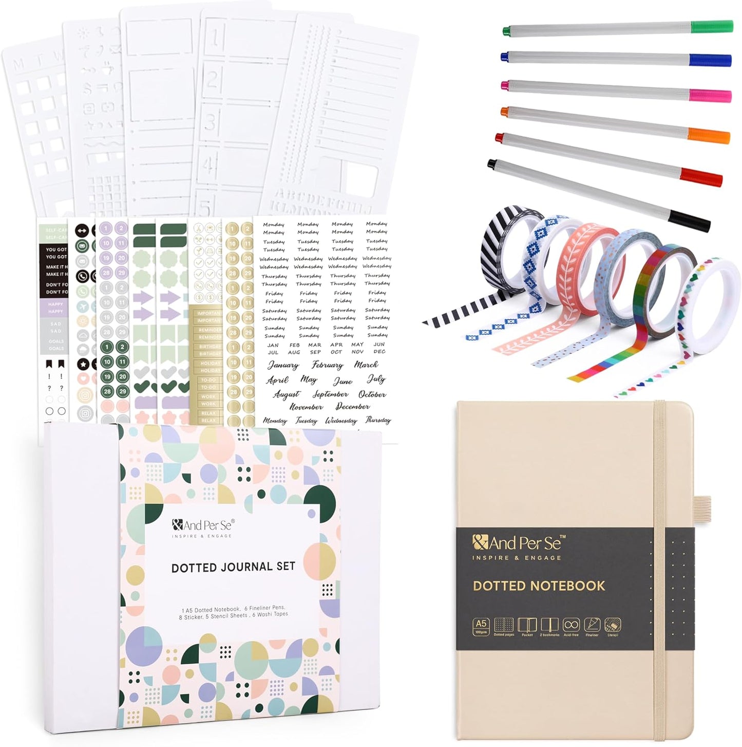 &And Per Se Dotted Journal Notebook Set, A5 Hardcover Dotted Journal (Light Apricot), 6 Fineliner Pens, 8 Sticker, 5 Stencil Sheets & 6 Washi Tapes, Journaling Supplies for Planner Schedule