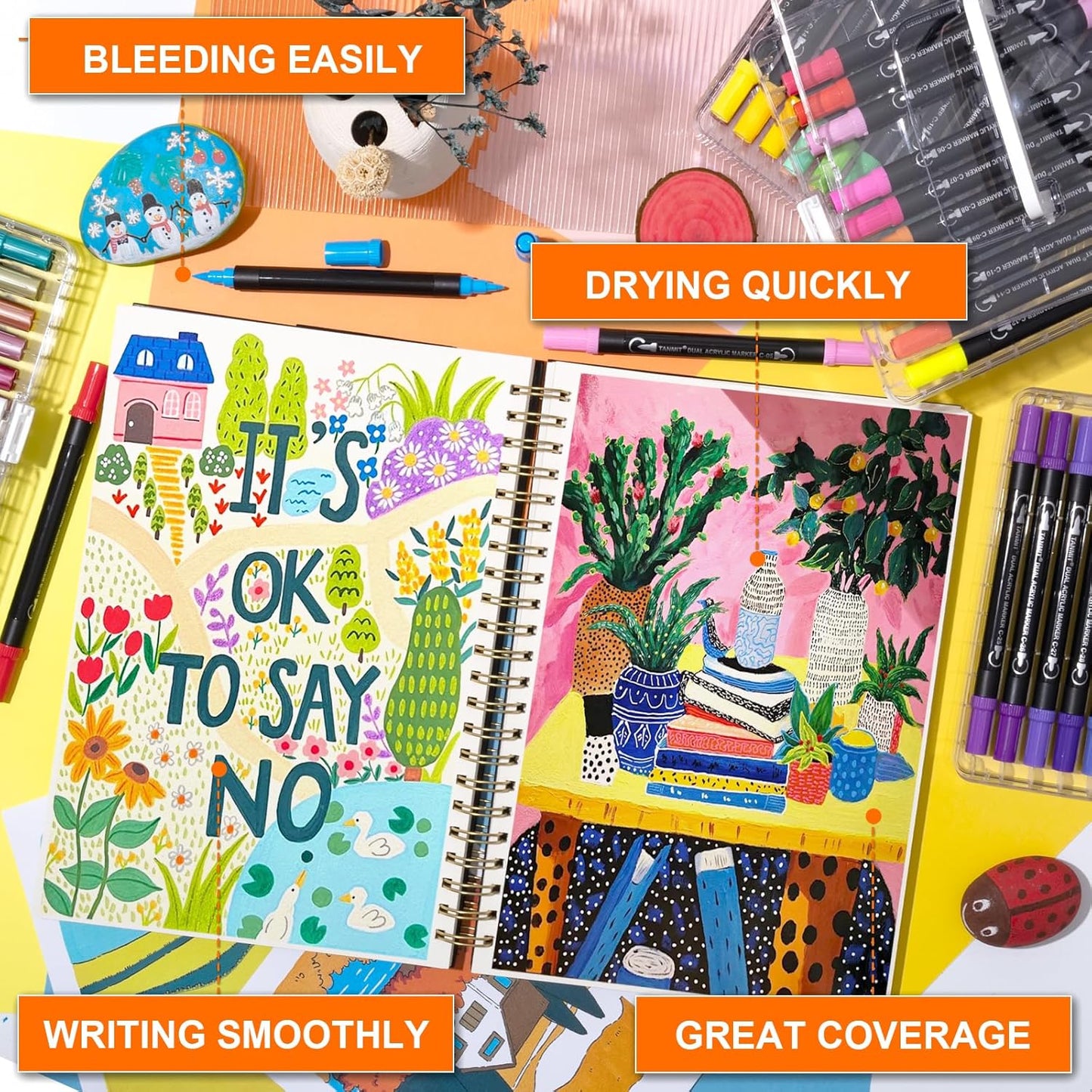 72 Colors Acrylic Paint Markers, Dual Tip Acrylic Paint Pens for Rock Painting, Wood, Canvas, Stone, Glass, Ceramic Surfaces, DIY Crafts Making Art Supplies (Brush Tip and Fine Tip)