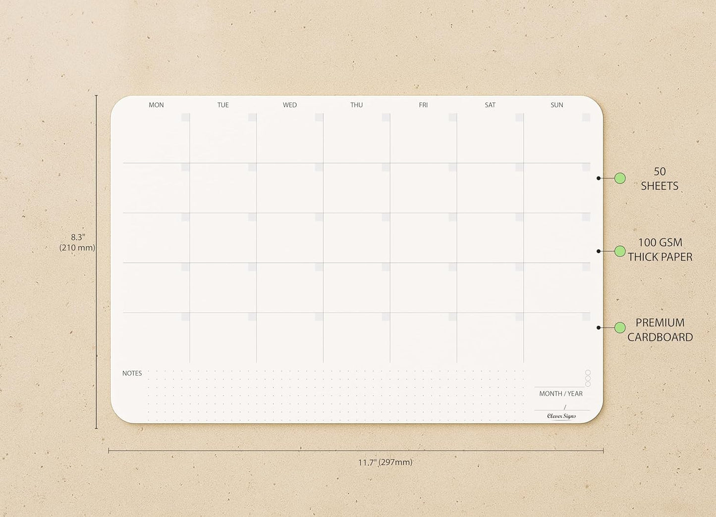 Undated Monthly Planner Notepad,Desk Calendar for Organizing&Scheduling Tasks-Productivity Tracker,Goals,Notes&To-Do Lists–A4 Size (8,3"X11,7")Premium Thick Paper with Cardboard Back Support 50 Sheets