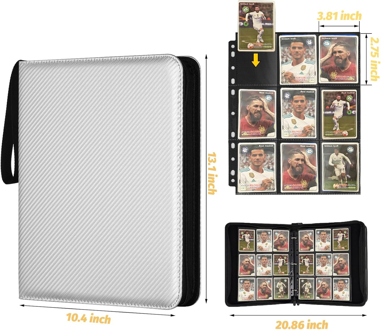 9 Pocket Card Binder, Premium Zip Trading Card Binder, 720 Double Sided Pocket PU Card Collection Binder, Collector Card Album, Card Folder for MTG, TCG, Sports Cards, Game Cards (Silver)