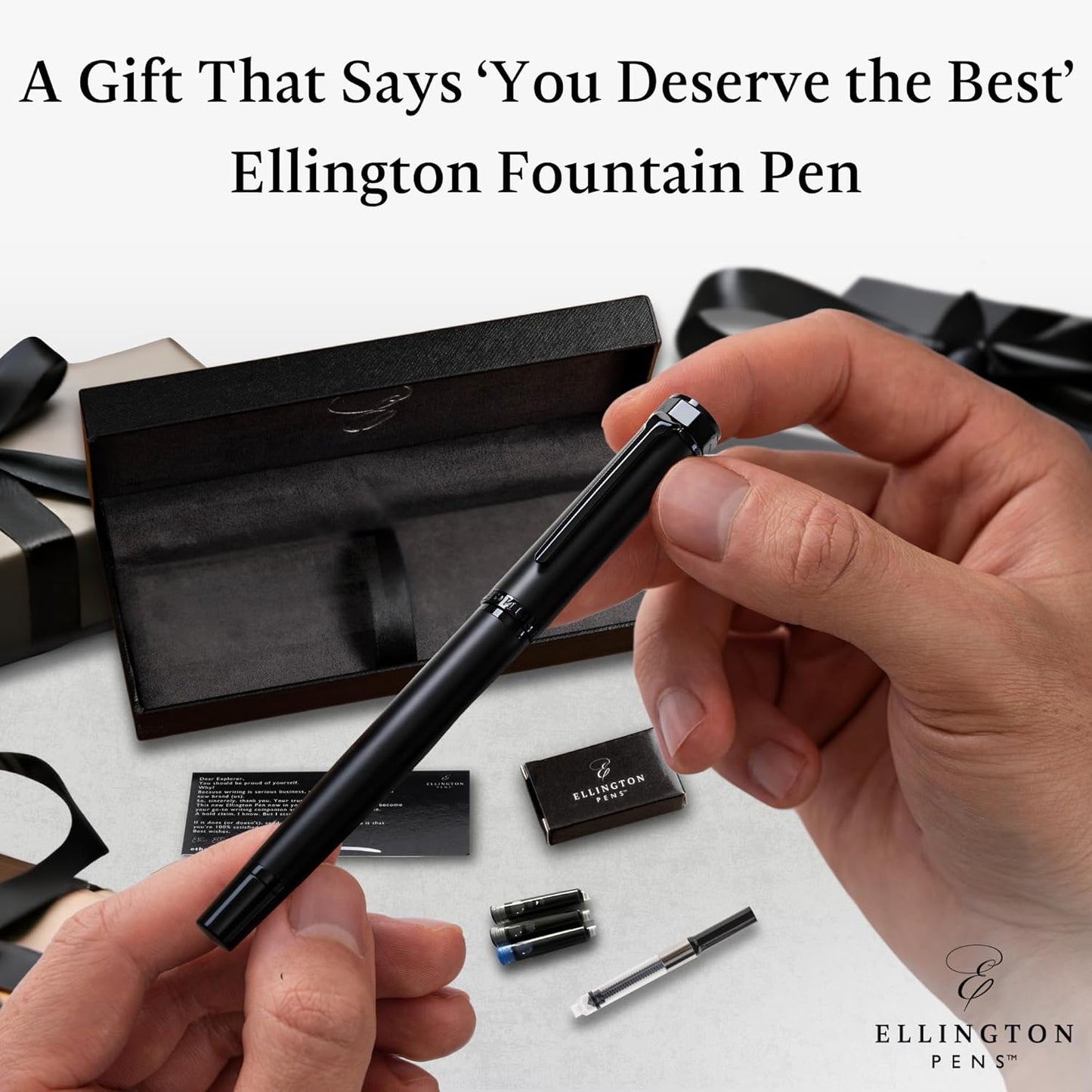 Ellington Pen Luxury Fountain Pen Set - Fountain Pens For Writing - Smooth Medium Nib - Includes Refillable Ink Converter, 3 Ink Cartridges, Gift Box - Calligraphy, Journaling, Sketching (The Stealth)