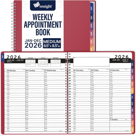 Ensight 2026 Appointment Book & Planner Ensight 6.5 x 8.5 inches Large Tabbed Daily Hourly Weekly Planner Schedule Book 30 Minute time Slots Business & Personal Planner Jan 2026 Dec 2026 Maroon