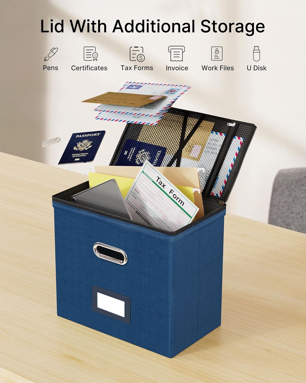 Oterri File Organizer Boxes with Lids, File Box with Mesh Pockets, Document Organizer Box for Letter Size Folders, Zippers Important Document Organizer (Dark Blue, Small-2 Pack Without Folders)