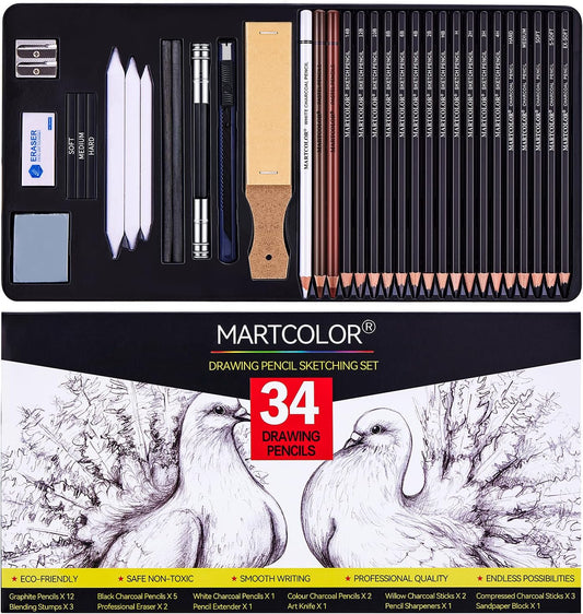 Drawing Sketching Pencils Set, 34 Pieces Pro Art Pencil Kit - Graphite Pencils (14B-4H), Charcoal Pencils, Charcoal Sticks, Artist Pencils for Beginners & Pro Artists