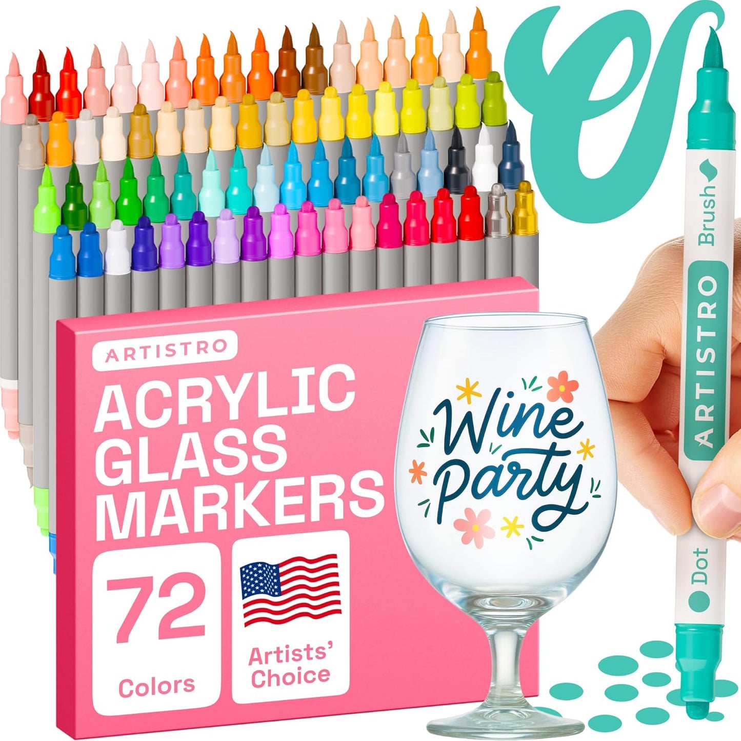 ARTISTRO 72 Wine Glass Acrylic Paint Markers - Washable Non-Toxic Dual Tip Acrylic Paint Pens for Car Window, Mirror, Ceramic