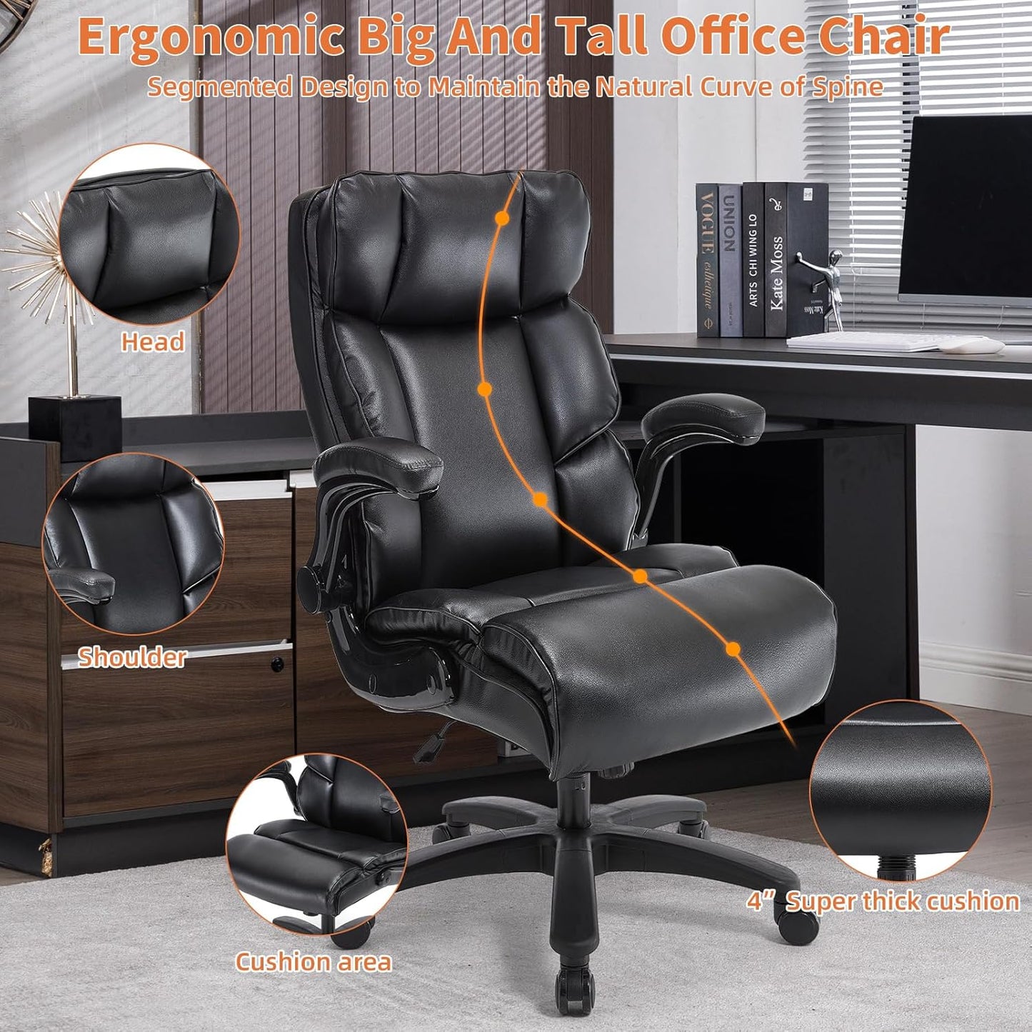 Big and Tall Office Chair 500lbs Wide Seat Executive Office Desk Chair High-Back Office Task Chair with Flip-Up Armrest, Ergonomic Lumbar Support Computer Office Chairs for Heavy People(Black)
