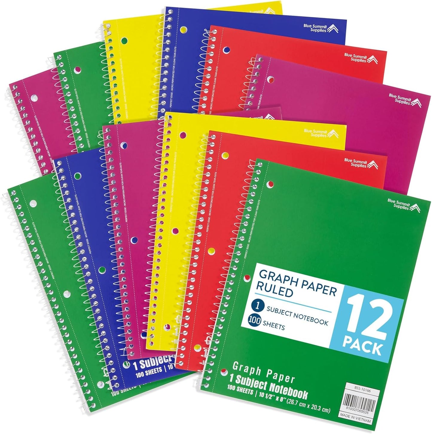 Blue Summit Quad Ruled Notebook, Paper Quad Ruled Spiral Notebook 8x10.5, 4x4 Square Grid for Math, College, Work, School, and Lab, Graphing Paper, 100 sheets, 12 Pack