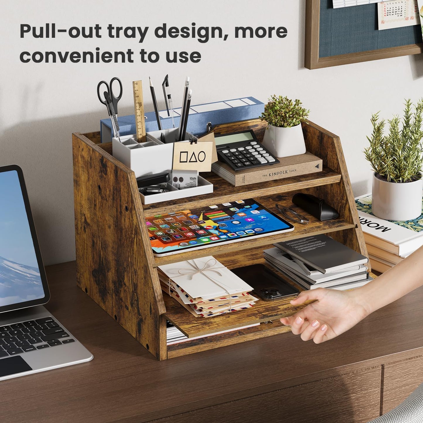 4-Tier Desk Organizer with File Holder, Wooden Desktop Organizer for Papers, Folders & Office Supplies, Space Saving Letter Tray Mail Organizer for Home Office School Accessories, Rustic Brown