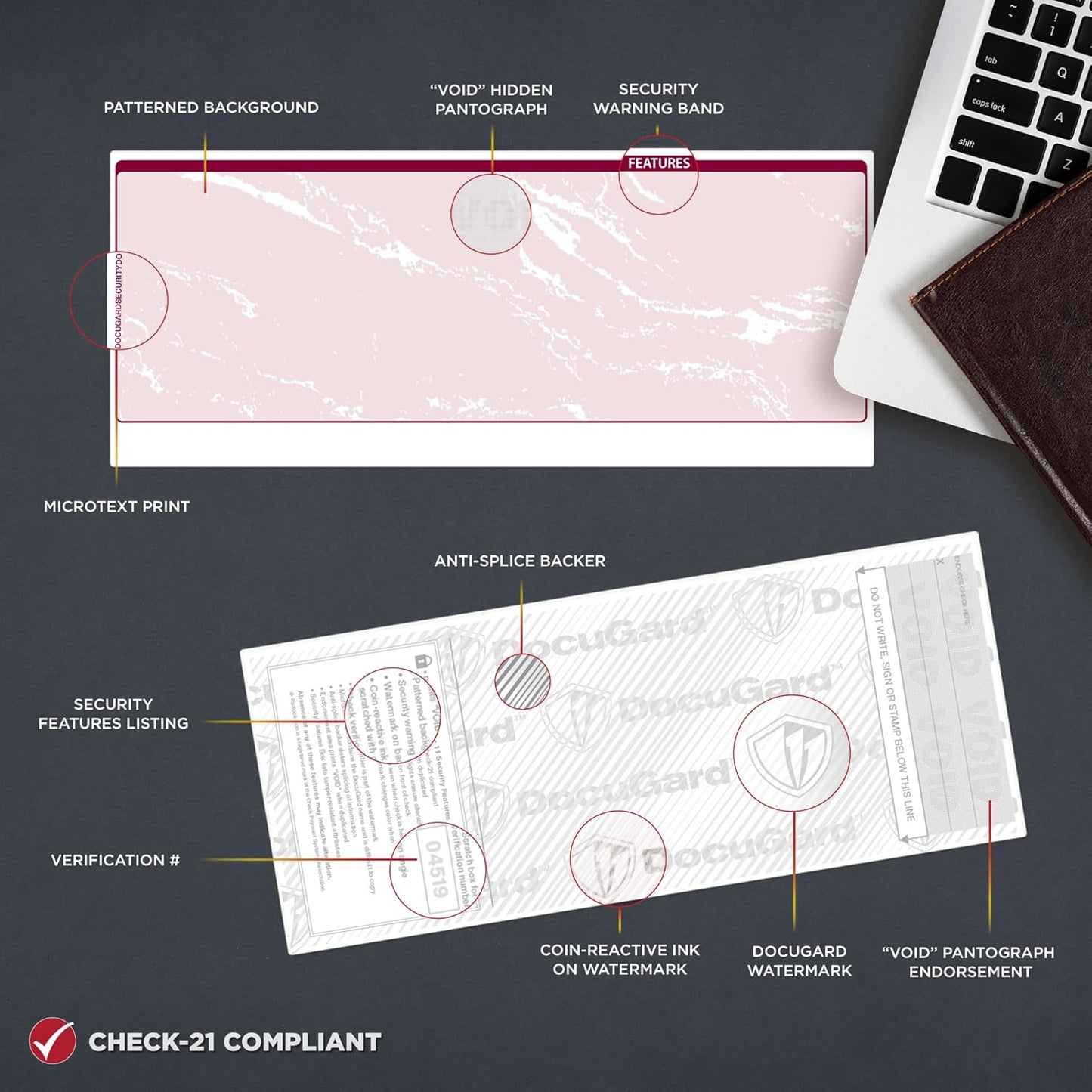 DocuGard Standard Burgundy Marble Bottom High Security Check Paper - QuickBooks & Laser/Inkjet Printer Compatible - 11 Security Features - 500 Blank Business Checks (04519)