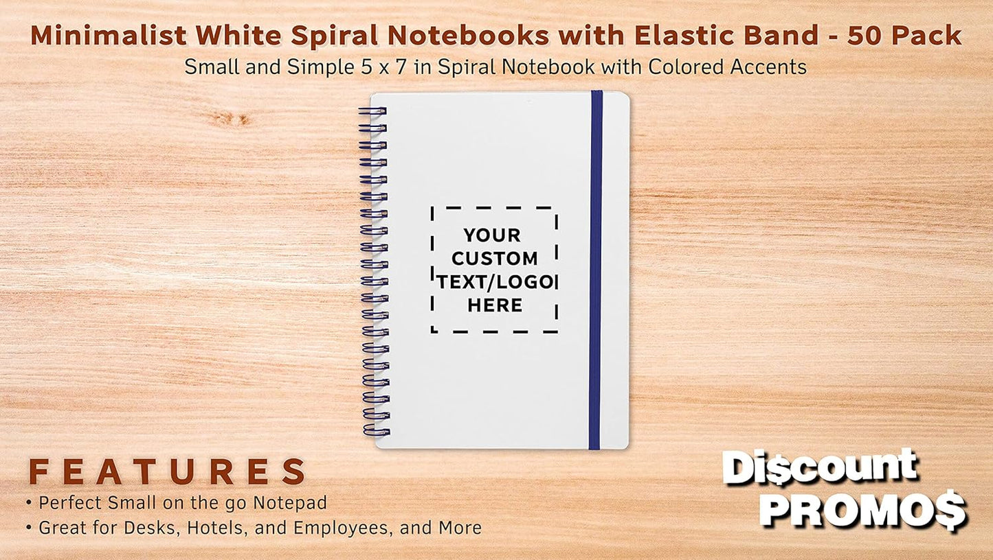 50 White Spiral Notebooks with Elastic Band Pack - Customizable Text, Logo - 80 lined pages, Recycled - Blue
