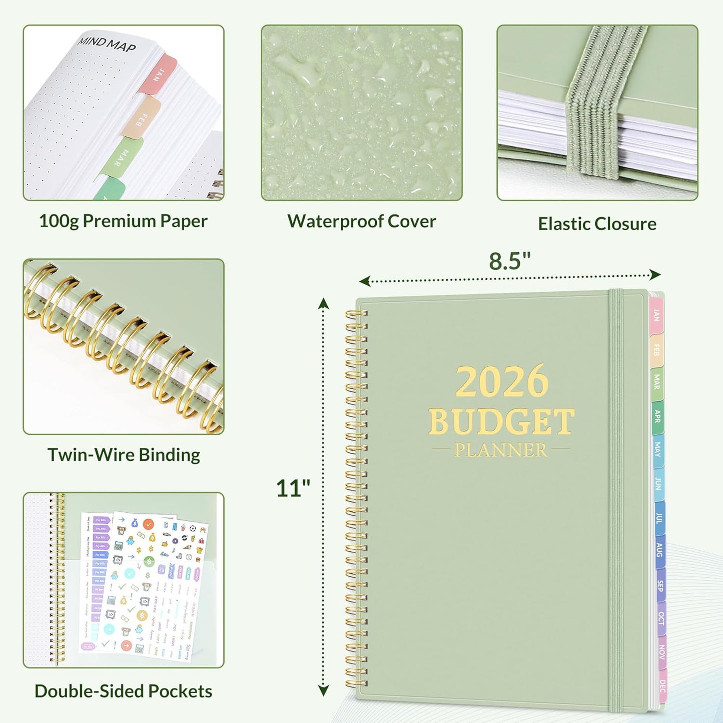 2026 Budget Planner - Monthly Budget Book from JAN 2026 - DEC 2026 with Expense Tracker Notebook, A4 Size (8.5" x 11") Bill Organizer & Finance Planner Account Book to Manage Your Finances, Green