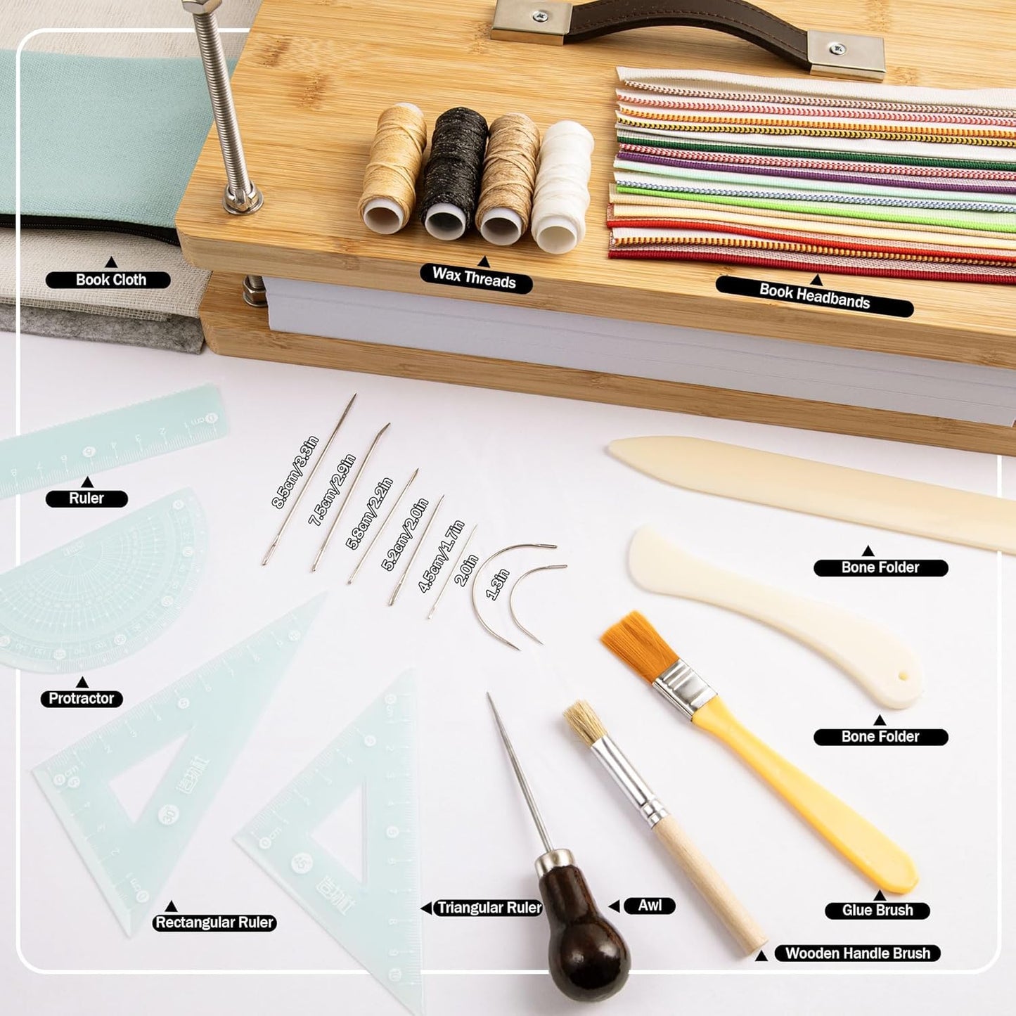 HAOPENGYOU 14.7"x11.4" Large Bamboo Book Press & Bookbinding Kit with Bone Folder, Awl, Needles - Complete DIY Book Repair Craft Set