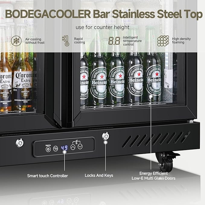BODEGACOOLER Back Bar Cooler with 2 Glass Doors,7.7Cu.ft Commercial Bar Beverage Refrigerator Under Counter LED Lighting for Soda Drinks,Beer,Wine with Stainless Steel Top,DOE Approved,4 Casters
