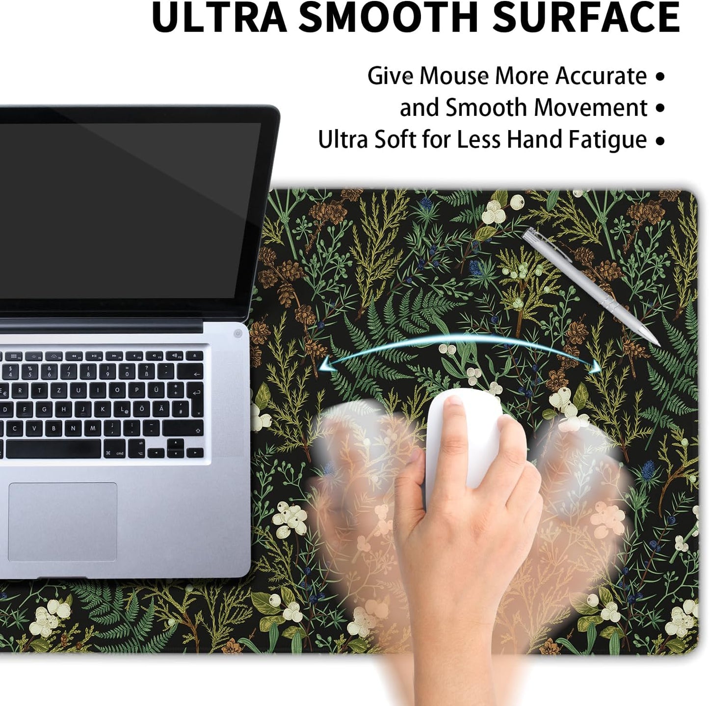 Black Aesthetic Vintage Botanical Gaming Mouse Pad Large XL Cute Forest Green Plant Nature Floral Extended Large Big Mousepad Non-Slip Stitched Edge Long Mat for Desk Computer,24x14 Inch,60x35 CM