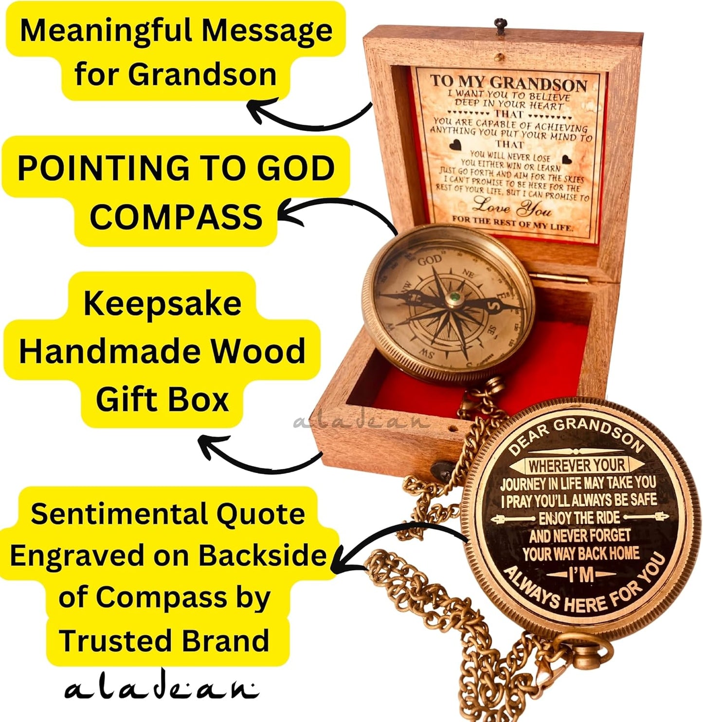 Gift for Grandson Brass Compass Engraved Quote | Memory Present to My Grandson Birthday, Baptism, Graduation, Confirmation, Love, Gift idea by Grandpa Grandma