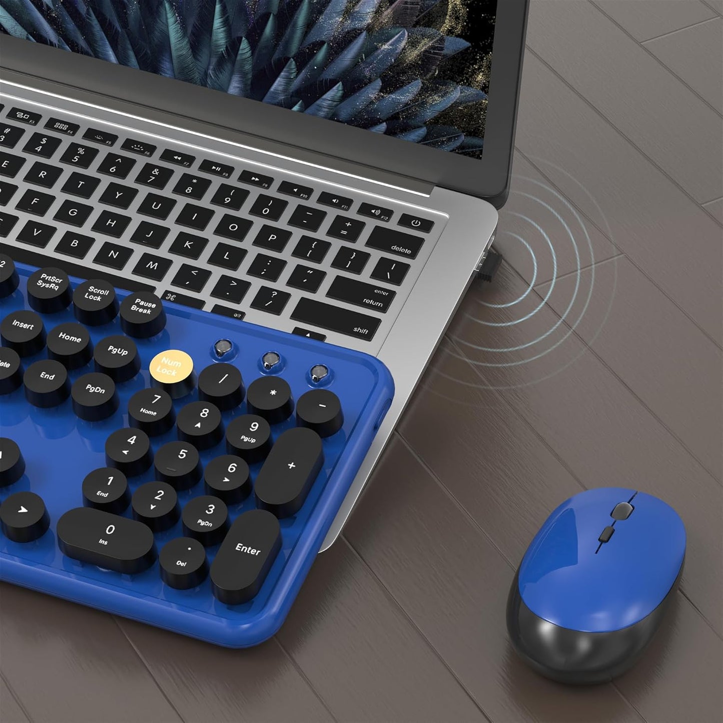 Colorful Wireless Computer Keyboard and Mouse Combo with Round Typewriter Keycaps, Retro Design, Power Switch, Ergonomic Design, 2.4GHz Wireless for Windows, Mac, PC(Black-Blue)