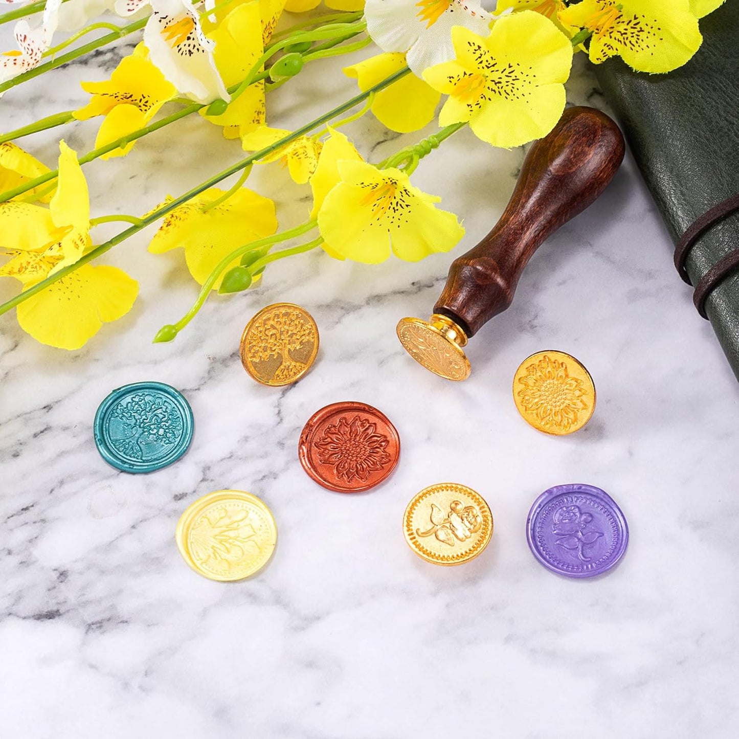 5pcs Wax Seal Stamp Kit, Brass Sealing Wax Stamps Head & Wooden Handle for Wedding Invitations Cards Envelopes Gift Packing(Tree of Life+Tulip+Daisy+Love Rose)