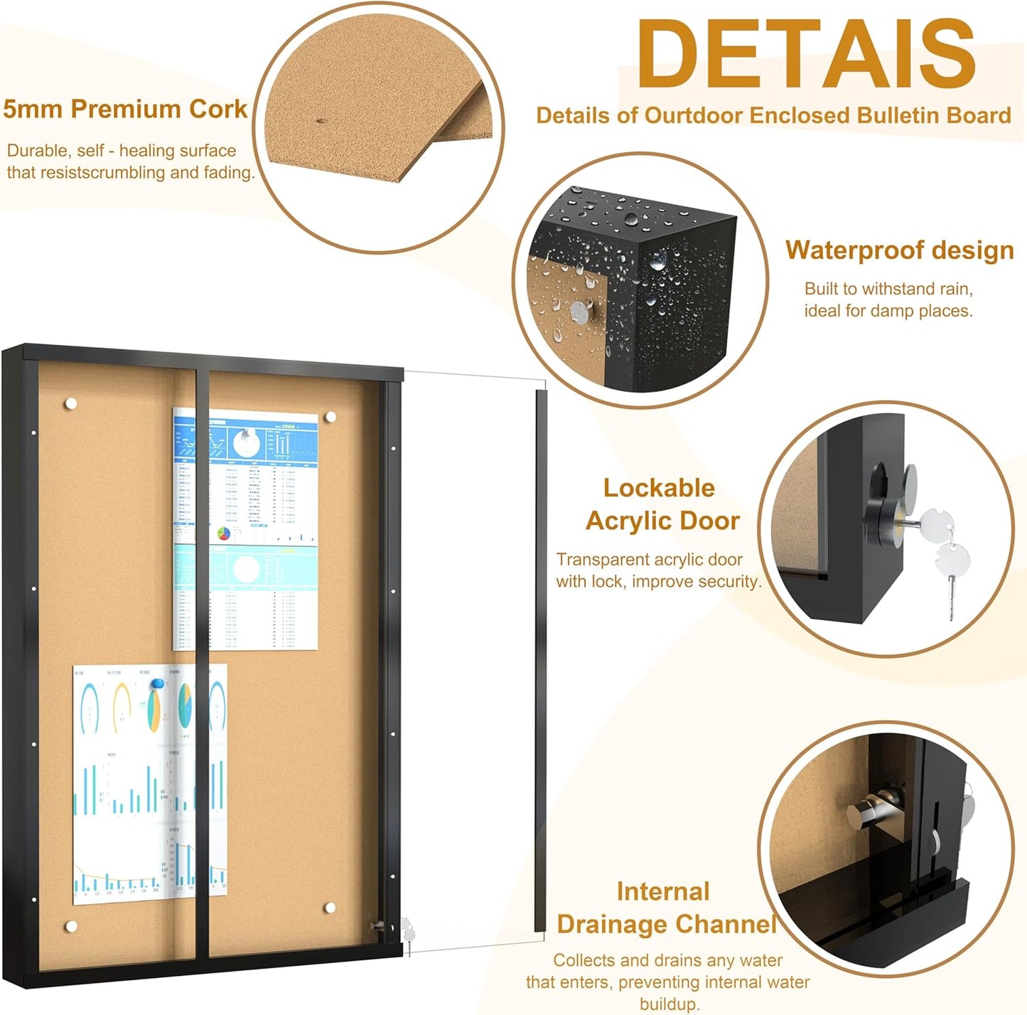 36 x 24 in Waterproof Outdoor Bulletin Board Lockable Wall-Mounted with Cork Backing, Ideal for Schools, Offices, and Restaurants