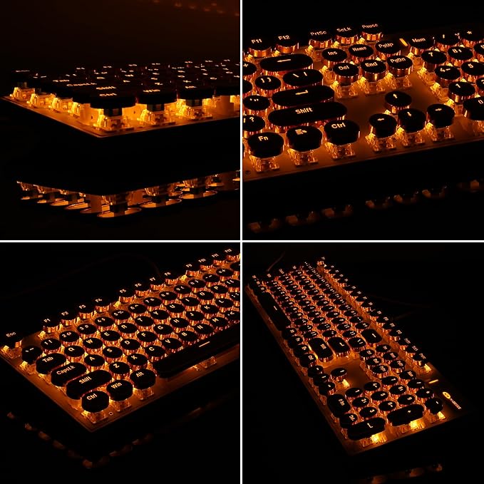 Typewriter Style Mechanical Keyboard, Retro Punk Gaming Keyboard with Gold LED Backlit, Cute Wired Keyboards,104 Keys Full Size Keyboards, Uique Round Keycaps for Windows/Mac/PC(White&Gold)