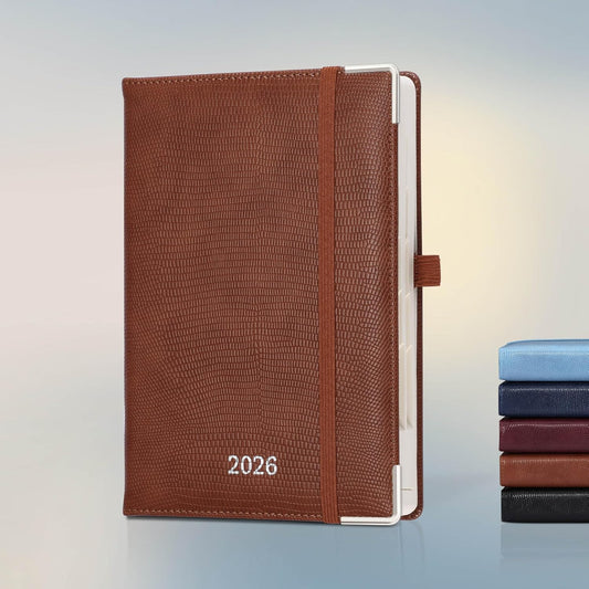 Daily Planner 2026 with One Page Per Day,(A5-8.5" x 5.9"),12 Months Calendar Hourly Appointment Book Monthly Tabs&Self-adhesive Pen Holder,Inner Pocket,Durable Vegan Leather Hardback,Brown