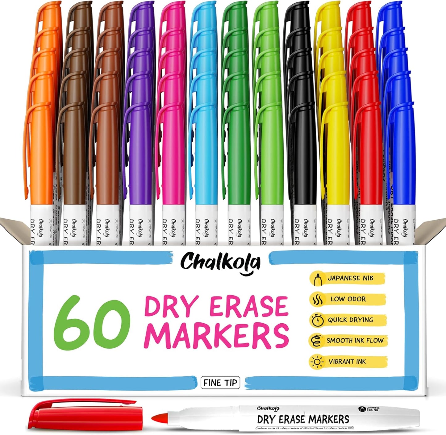 Chalkola 60 Fine Tip Dry Erase Markers Bulk (60 Pack, 12 Colors) | Non toxic, Low Odor Whiteboard Markers for Kids, Teachers, Office, School, Classroom Supplies - Thin Point White Board Dry Erase Pens