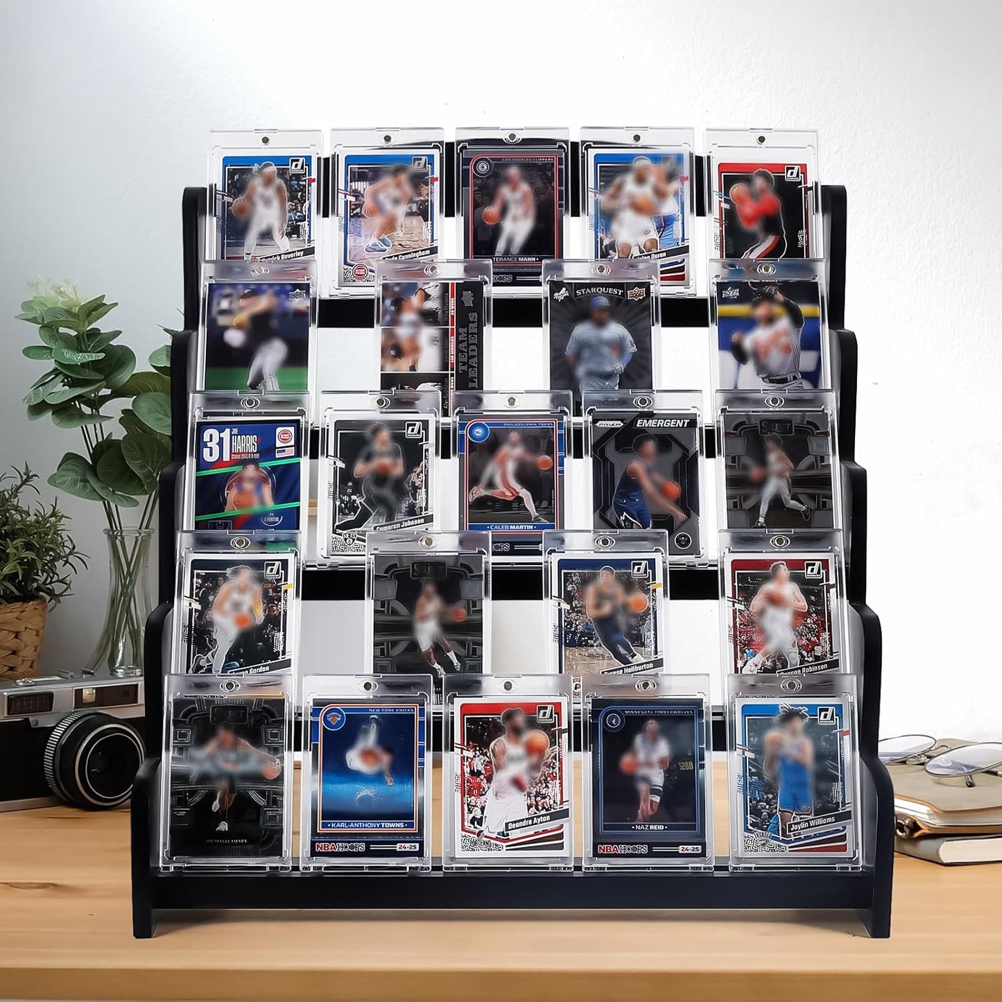 5-Tier Bamboo Trading Card Display Case, 35 pt Baseball Card Collection Stand, Sports Card Storage Holder,Card Game Collection (Black)