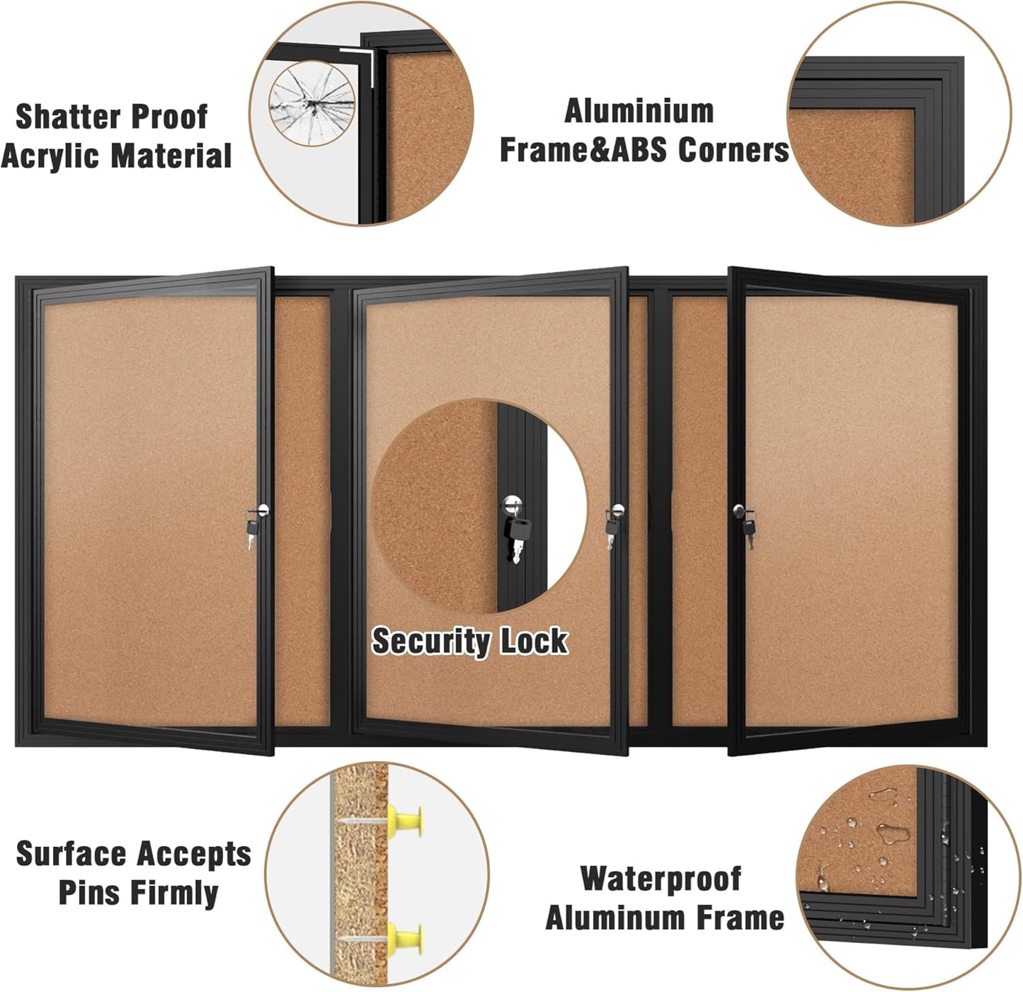 70"x34" Enclosed Bulletin Board, Outdoor Lockable Weather-Resistant Aluminum Cork Noticeboard for School & Office, Black Frame w/Cork