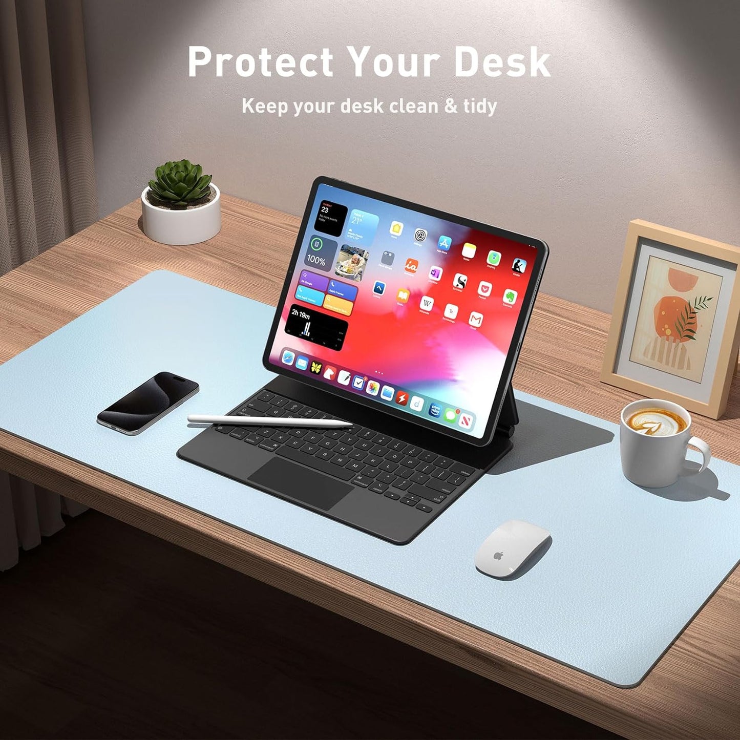 Aothia Leather Desk Pad Protector, Mouse Pad, Office Desk Mat, Non-Slip PU Leather Desk Blotter, Laptop Desk Pad, Waterproof Desk Writing Pad for Office and Home (36" x 17", Baby Blue)