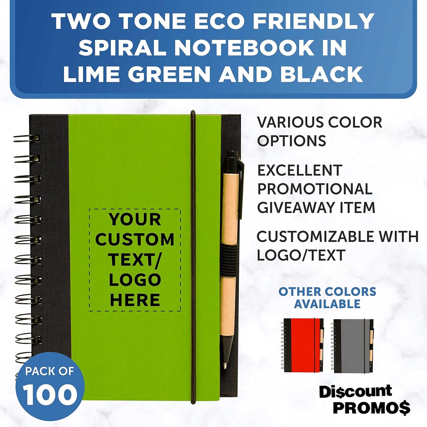 DISCOUNT PROMOS Custom Eco Block Notebooks with Pens Set of 100, Personalized Bulk Pack - Perfect for School, Office, Business, Home - Lime Green