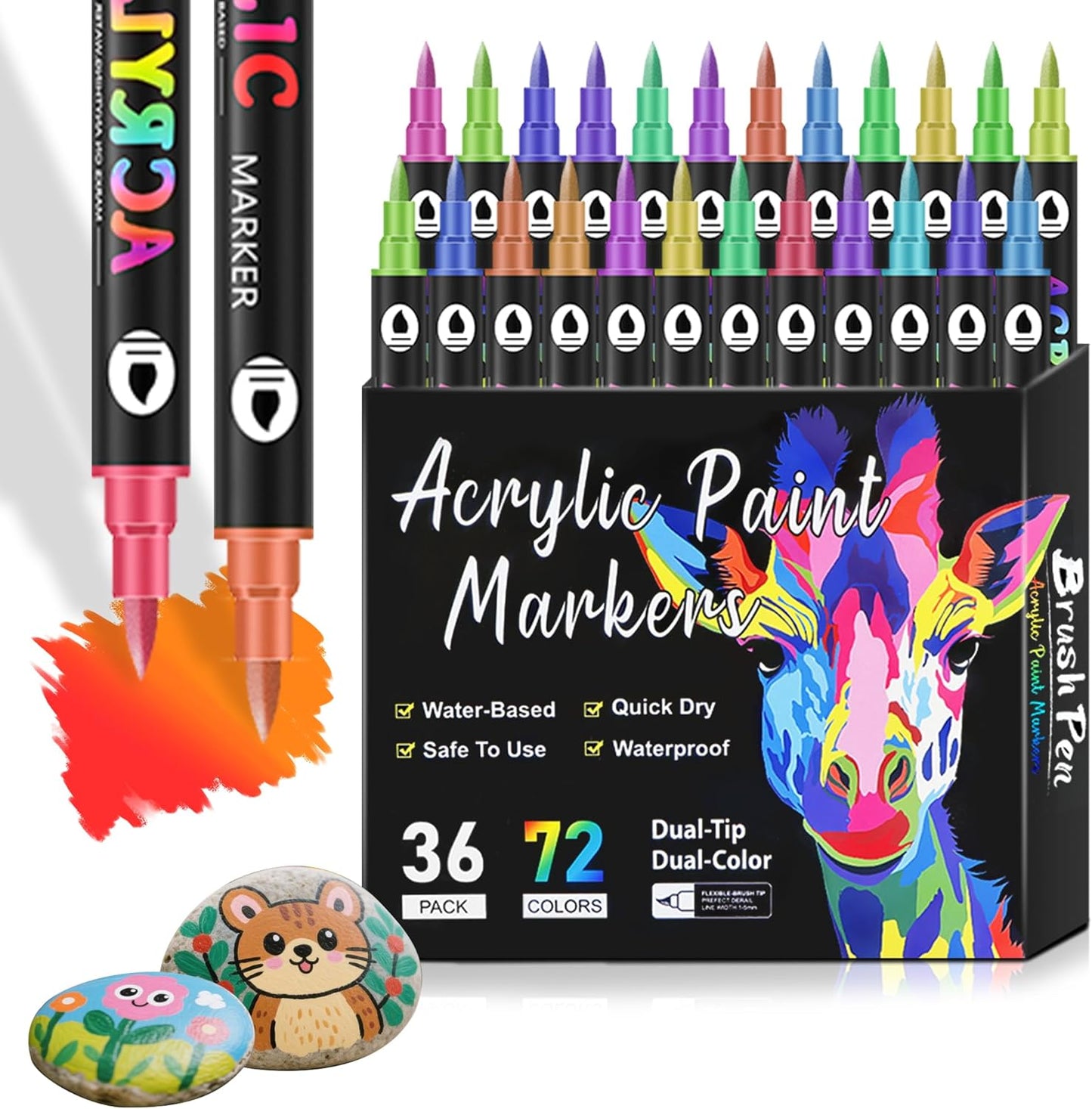 72 Dual Tip Acrylic Paint Markers, Double Color Acrylic Paint Pens for Rock Painting, Ceramic, Stone, Wood, Canvas, Stone, DIY Art Supplies