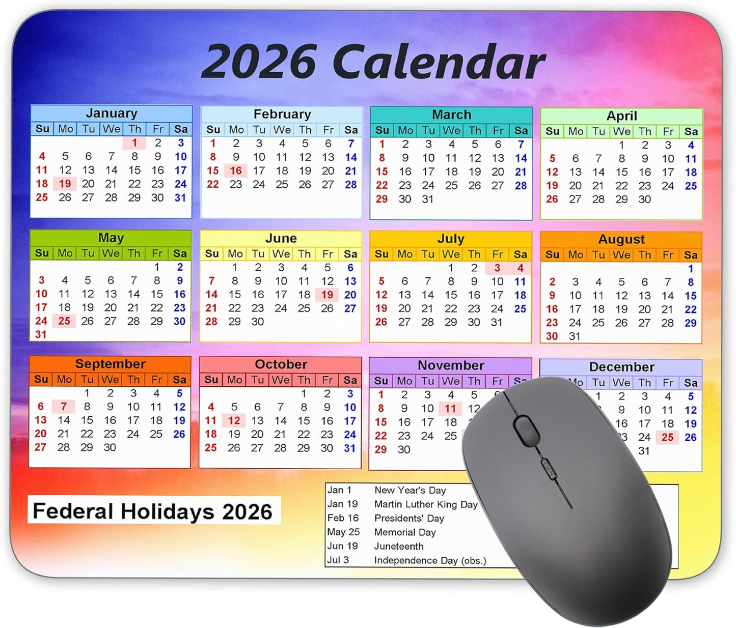 Calendar Mouse pad,2026 Watercolor Background Calendar Natural Rubber Mouse Pad, Quality Creative Gaming Rectangle Mouse Personalized Desk Mouse Pad 9.5 inch x 7.9 inch