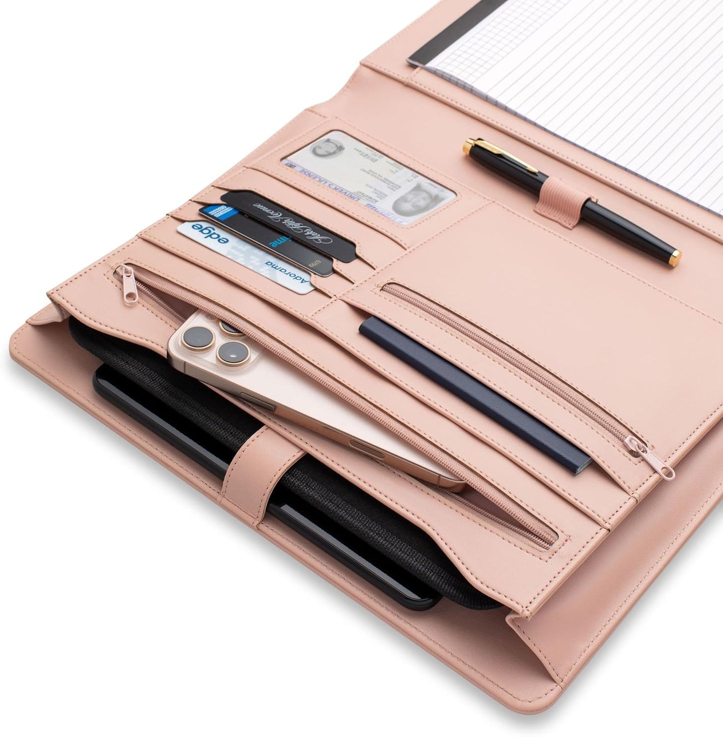 Padfolio Binder Organizer for Women | Faux Leather Portfolio Folder for Resume, Documents, Notebook, Tablet and Business Cards | Notepad Included - Pink with Gold Edge